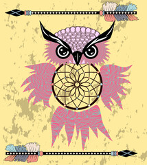 Dreamcatcher with owl. Zentangle. Abstract bird. Mystic symbol. American Indians symbol. for spiritual relaxation