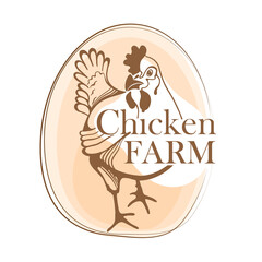Chicken farm labels and design elements in hand drawn line style for your design. Silhouette of chicken and eggs 100%  organic food, natural product.