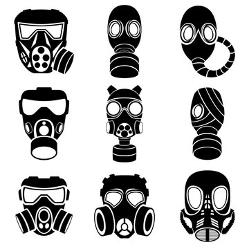 Images of nine different gas masks isolated on a white background.