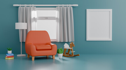 Mock up poster frame with orange sofa for a baby shower 3D rendering interior design