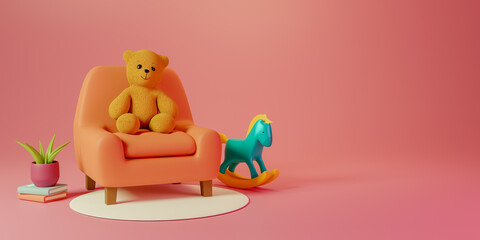 colorful background and copy space with cute teddy bear for a baby shower 3D rendering