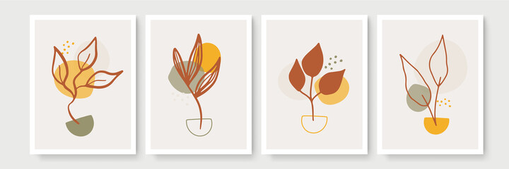 Abstract boho wall arts background vector set. Earth tones organic shape watercolor paint art brush design for wall framed prints, canvas, poster, home decor, cover, wallpaper. Vector illustration