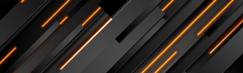 Abstract black stripes with orange neon glowing light. Vector technology banner design