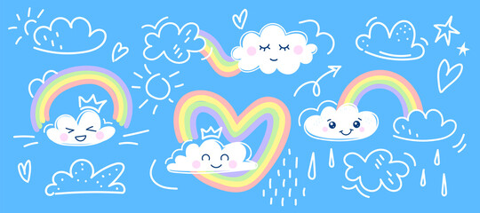 Set of Cute kawaii clouds and rainbow icons baby cute pastel colors. Funny anime characters. Trendy vector illustration. Kawaii cloud and rainbow stickers for kids scrapbook, notepad or baby shower. 