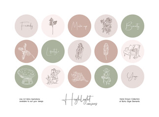 Fototapeta premium Set of hand drawn line art boho style vector illustrations. Vector set design templates icons and emblems - social media instagram story highlight.