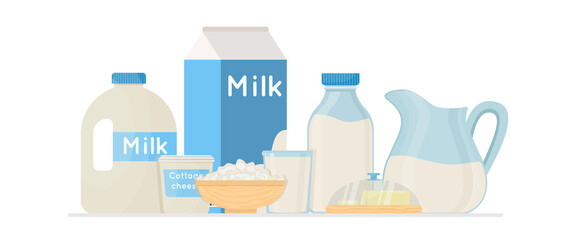 Fresh organic milk products set with cottage cheese and butter vector illustration.