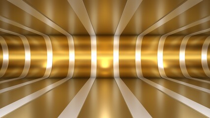 Obraz premium 3d render background tunnel room space lighting reflections gold white depth lines bending floor
