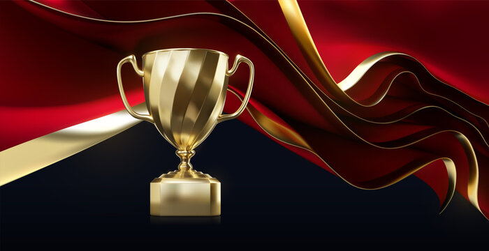 Golden Champion Cup With Wavy Red Fabric Sheets On Black Background