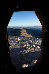 view of mountains from the door of the Pelino bivouac. Trekking on Mount Amaro in the Majella...