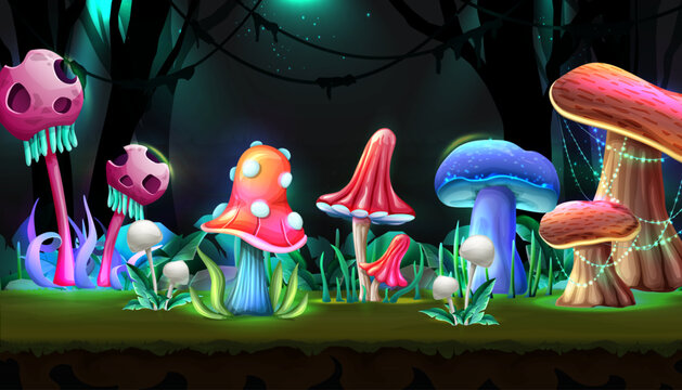 Vector cartoon style magic forest with mushrooms in glowing the night.