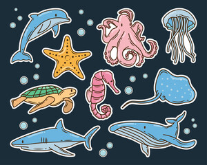 Set of hand drawn sea animal cartoon doodle bundle sticker