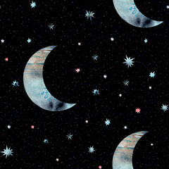 Seamless watercolor creative pattern with crescent moon and colorful stars on a dark background with colorful particles. For a versatile decor.
