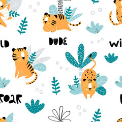 Vector hand-drawn seamless repeating color childish pattern with wild cats, plants and palms in Scandinavian style on a white background. Print with tigers and jaguars. Jungle animals.