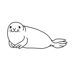 Vector hand drawn outline doodle icon fur seal isolated on white background. Happy seal lying on the beach and smiling. Ocean animal illustration.