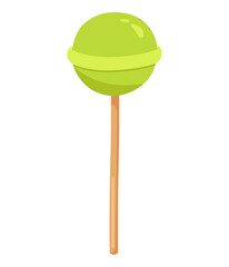 Green cute round candy on a stick on white background