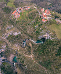 Aerial view of Unesco world heritage site Skocjanske jame (Skocjan caves) with village Skocjan and...