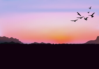 Fototapeta na wymiar graphics image after sunset with light twilight of sky and mountain bird vector illustration