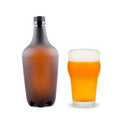 Beer bottle and cold glass with drops isolated on white background.