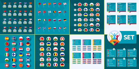 European football 2020 mega set. European football 2020 country flags, tean groups and matches on tournament background vector set. infographic mega collection