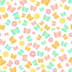 seamless bright pattern with blue, pink and yellow butterflies and flowers on a white background