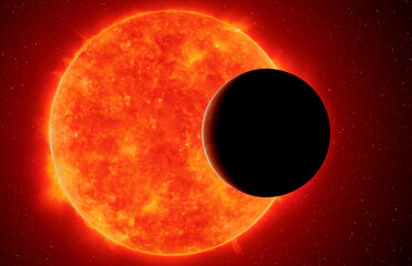 Exoplanet against red dwarf, elements of this image furnished by NASA