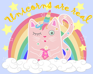 Cute cat unicorn with rainbow and slogan. hand drawn illustration.