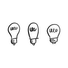 Light bulb doodle collection. Hand drawn simple electric lamps, symbols of ideas, solutions, innovation and creativity.