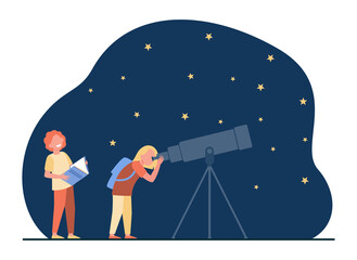 Fototapeta premium Schoolchildren watching and studying stars through telescope. Flat vector illustration. Friends exploring space together on starry sky background. Space, stars, studying astronomy, friendship concept