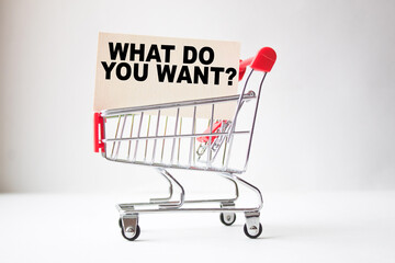 a business card with text WHAT DO YOU WANT in a shopping cart. business and finance