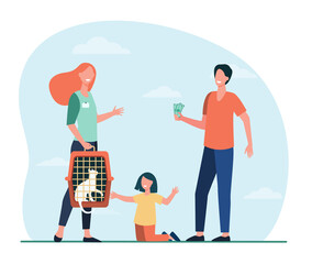 Father and daughter buying cat flat vector illustration. Dad with money, happy child and seller holding pet carrier with cat. Pet, animal, breed, business, family concept for banner design