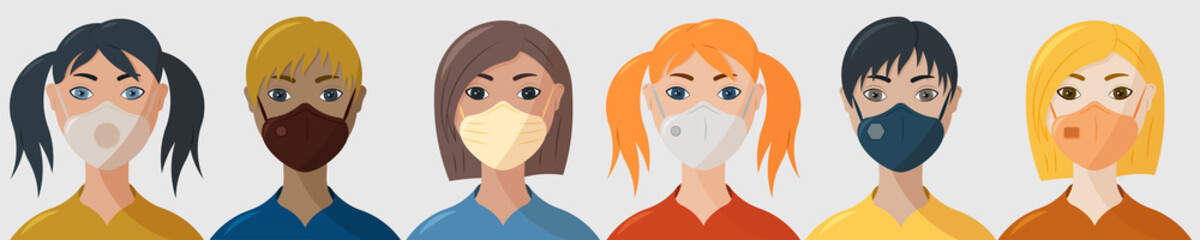 People in medical masks to prevent disease, flu, virus, polluted air. Vector illustration in a flat style.