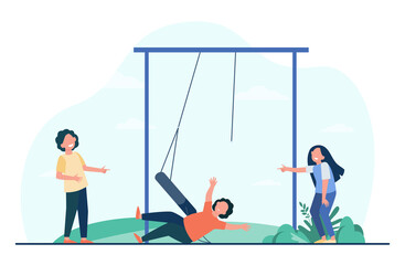 Cartoon children laughing at kid falling from swing. Flat vector illustration. Little friends, boys and girls having fun on playground. Childhood, friendship concept for banner design or landing page