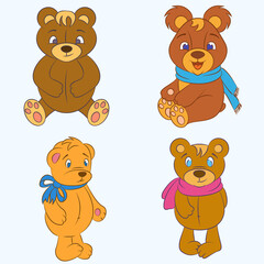Set of funny brown bears. With bangs, with a blue bow and blue and red scarves. Sit, stand. Vector. Isolated on light background. It can be used for wrapping paper, baby room and fabric.