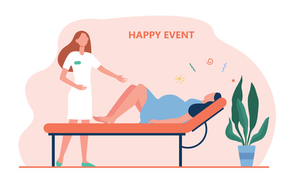 Cartoon midwife helping woman giving birth. Flat vector illustration. Woman going through contractions, preparing for childbirth in hospital. Medicine, childbirth, happy event, delivering baby concept