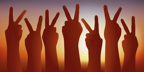 Concept de réussite avec un groupe de personne qui lèvent la main en formant le V de la victoire pour montrer leur triomphe.