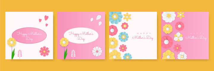 Set of Mother's Day pink yellow white blue green greeting cards with paper cut flowers and typography. Suit for social media post and stories. Can be used for creative universal template