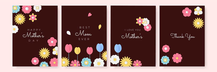 Set of Mother's Day pink yellow white blue green greeting cards with paper cut flowers and typography. Suit for social media post and stories. Can be used for creative universal template