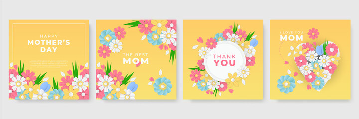 Set of Mother's Day pink yellow white blue green greeting cards with paper cut flowers and typography. Suit for social media post and stories. Can be used for creative universal template