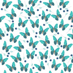 Fototapeta na wymiar Seamless pattern of butterflies of turquoise color and flowers. Cute vector illustration isolated on white background.
