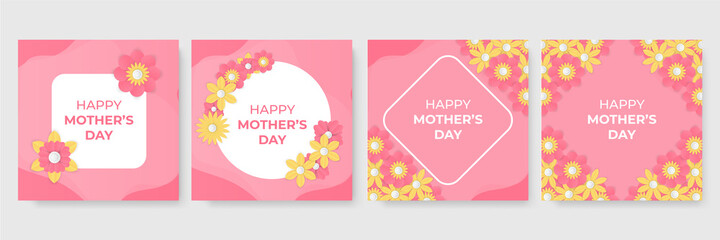 Set of Happy Mother's Day pink yellow blue greeting card design in various style and colour. Mothers day holiday banner. Spring floral vector illustration. Greeting paper cut flowers card template