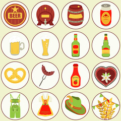 Set of round Oktoberfest celebration icons on white background. Beer festival. Bavarian festival design on a light background. Beer, barrel, bottle, food, drinks, hat, dirndl, lederhosen.