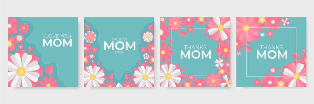 Mother's day pink green purple white yellow greeting card with flowers background. Mothers day holiday banner. Spring floral vector illustration. Greeting realistic cherry flowers card template