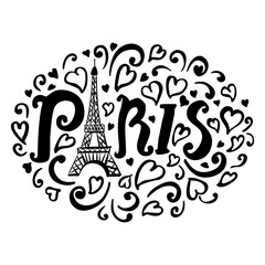 Paris card with letters, hearts, eiffel tower hand drawn illustration isolated on white background. Doodle sketch black print - 429045588