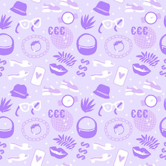 Life style shoes and accessories seamless pattern. Vector illustration shoes, sneakers, bag and accessories. Surface design girl blogger shopping trend fashion in store. Purple color - 429045707