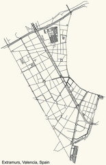 Black simple detailed street roads map on vintage beige background of the quarter Extramurs district of Valencia, Spain