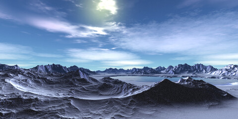 Fototapeta premium Alien Planet. Mountain and lake. 3D rendering