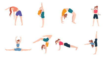Workout girl set fitness and yoga exercises. Woman doing fitness and yoga exercises. Vector illustrations

