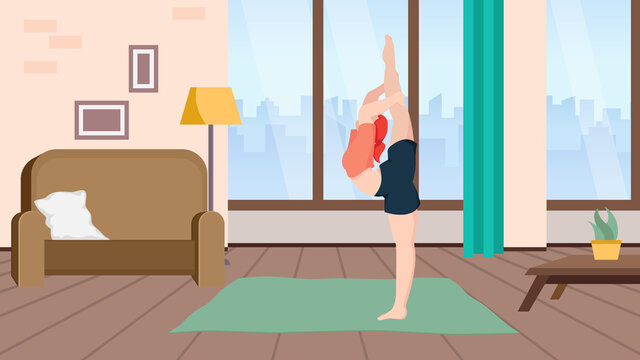 Girl doing fitness and yoga exercises.Sport activity at home. Vector illustration