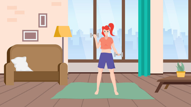 Girl is doing morning exercises. Sport activity at home. Vector illustration