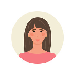 avatar of a brown-haired woman with bangs and long hair in a pink blouse. Unique youth badge for thematic women's forums, emails, chatbots, support. Vector illustration.